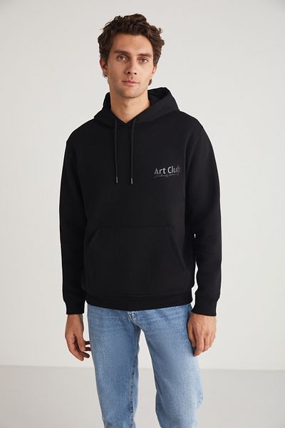 GRIMELANGE ANDREAS Men's Hooded Black Sweatshirt with Fleece Inside and Print Detail