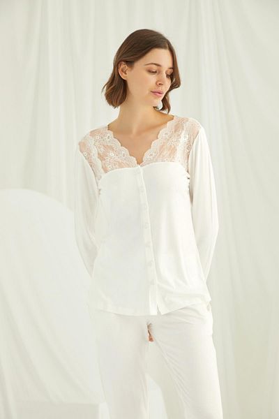misigo Neck and Shoulder Lace Front Buttoned Pajama Set Ecru