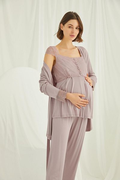 misigo Lace Front Buttoned Maternity 3-Piece Dressing Gown Set Mink