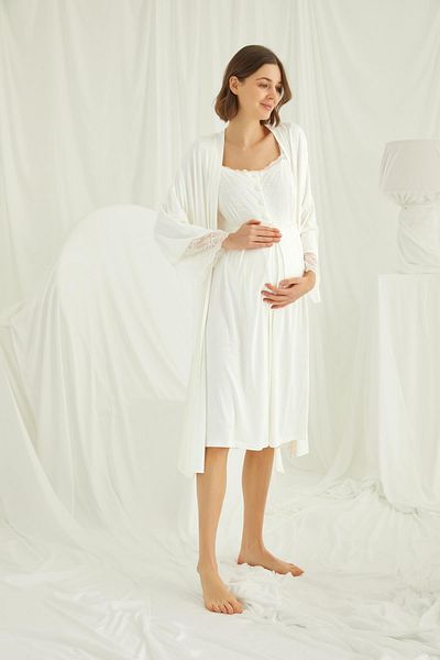 misigo Lace Front Buttoned Maternity Dressing Gown Set Ecru
