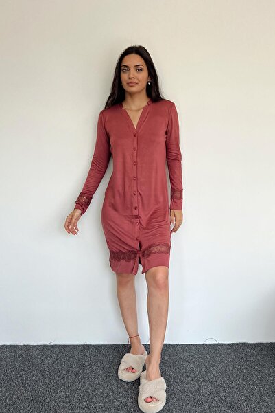 misigo Önü Boydan Düğmeli Dantel Detaylı V Yakalı Gecelik Kiremit