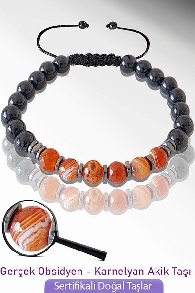 Tesbih Atölyesi Natural Obsidian Certified - Karnelyan Agate Bracelet - Adjustable