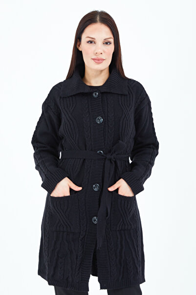 Stilmony Women's Black Buttoned Belted Knitwear Wool Long Cardigan