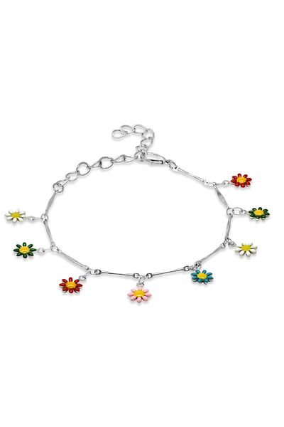 Tesbihane Silver Color Metal Chain Multicolor Enamel Women's Bracelet with Wild Flower Detail