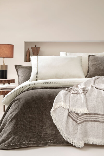 Yataş King Çift Kişilik Keten Nevresim Takımı Kahverengi Şeritli - Krem