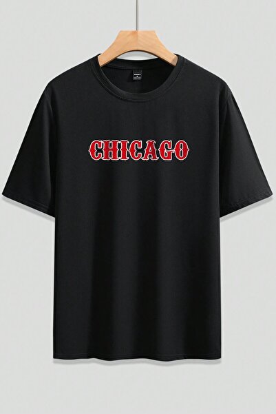 MODAGEN Ανδρικό μπλουζάκι Oversize με μαύρη λαιμόκοψη Chicago με στάμπα