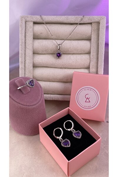 Alsem Gümüş Mor Kalp Temalı Yüzük Kolye Küpe Seti , Özel Tasarım Mor Kalp İşlemeli Gümüş Set