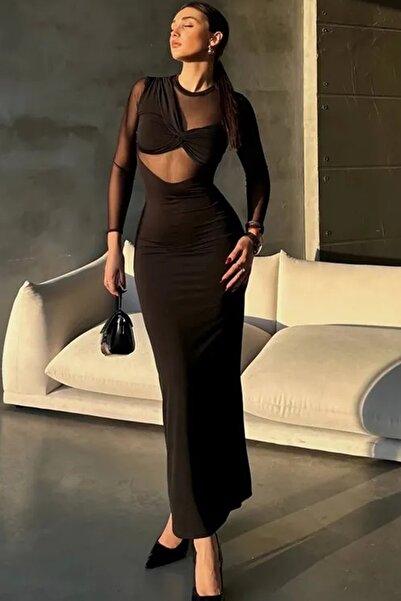 WOMAN VISION Rochie de seara maxi neagra - Rochie de absolvire cu tul transparent si cu fanta 350