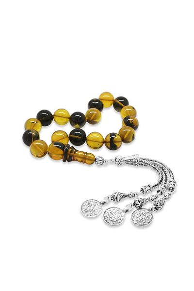 Tesbihane Non-Tarnish Metal Mecidiye Tasseled Globe Cut Yellow-Black Fire Amber Efe Rosary