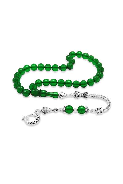 Tesbihane Non-Tarnish Metal Crescent Star Tasseled Globe Cut Green Fire Amber Prayer Beads