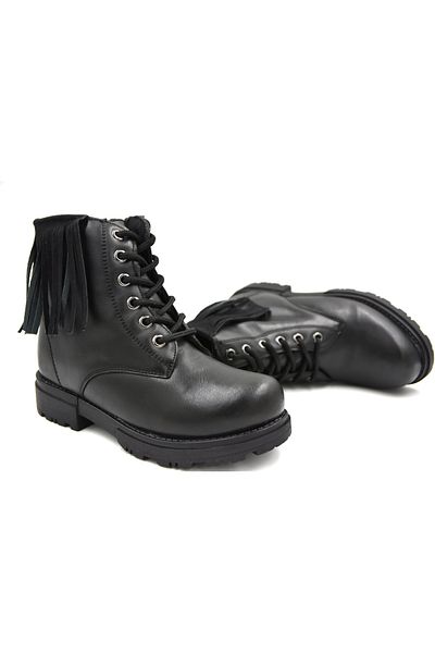 Prego Thermo Non-Slip Sole Lace-Up & Zipper Girl's Short Tassel Boots BLACK