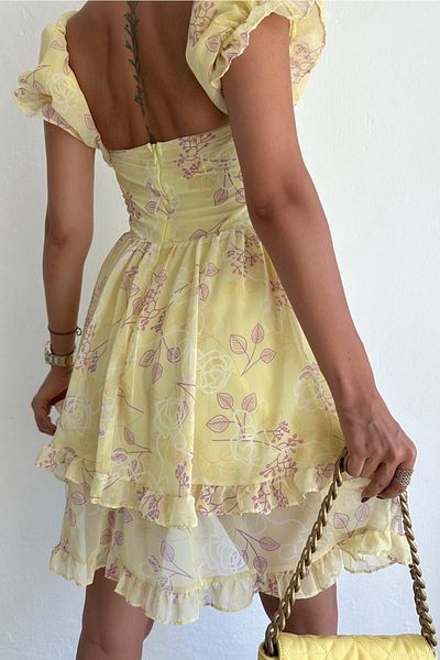 lovebox Women's Floral Printed Chiffon Fabric Princess Sleeve Degaje Collar Skirt Layered Yellow Mini Evening Dress 094