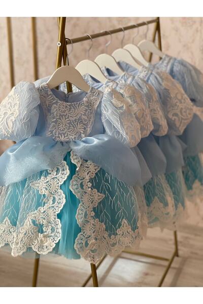 İPEKACOUTURE Kız Çocuk Elbisesi Balon Kol Eteği Katlı Cindirella Elbisesi