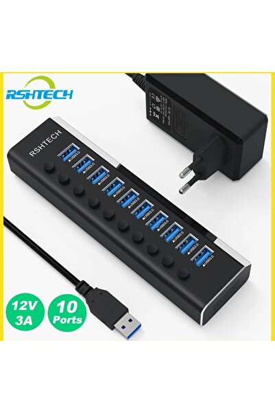 RSHTECH Alüminyum 5 Gbps 10 Port Usb 3.0 Data  Hub 12w 3A Power Adaptör Çevir...
