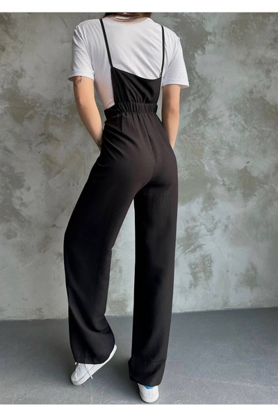 ModaWiser Women's Strap Front Pocketed Linen Jumpsuit Black