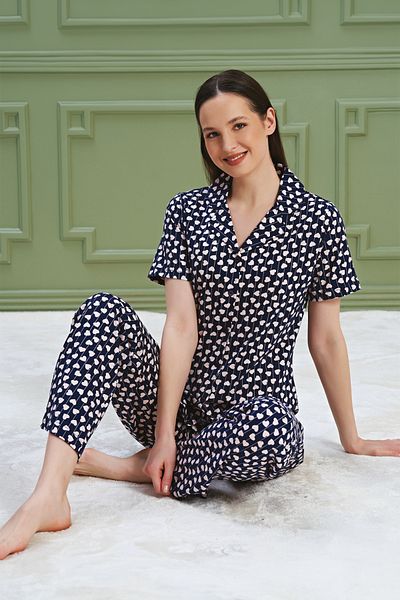 BSM Navy Blue Cotton Combed - High Quality Women's Pajamas Set, Short Sleeve and Buttoned