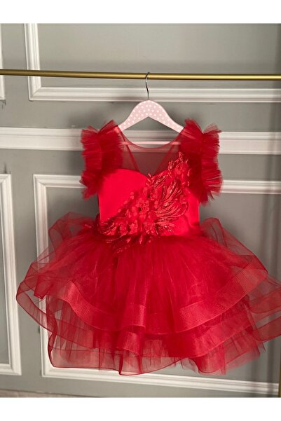 İPEKACOUTURE Kız Çocuk Elbise Kırmızı Renk Saten Ve Tül Etek Bölümü Kabarık
