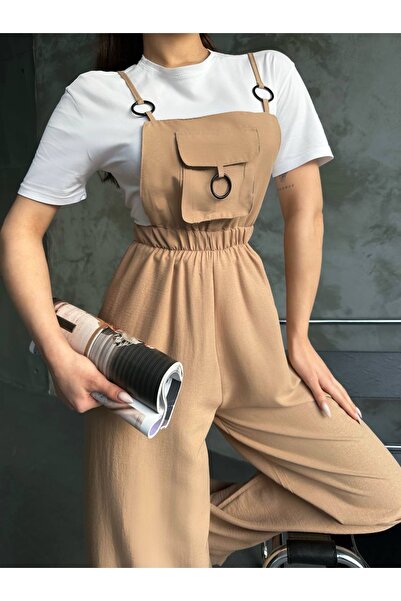 ModaWiser Kadın Askılı Önü Cepli Keten Tulum Koyu Bej