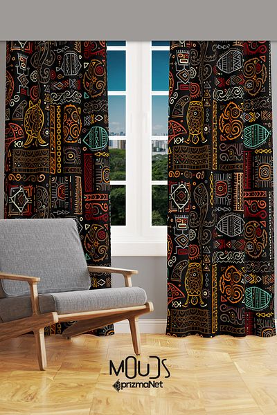 Moud's Hitit Figure 4 Patterned Suede Living Room Hall Background Curtain Printed Extrafor Drawstring 2 Sash PRD-1017