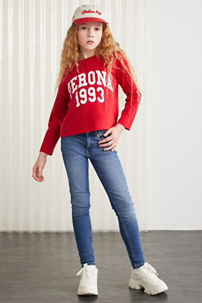 GRIMELANGE CHERLY-GRM24020-100% pamut nyomott lány hosszú ujjú póló Piros póló