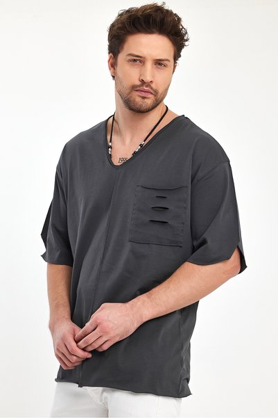 BABBOSS Tricou Super Oversize cu decolteu în V cu detaliu de buzunar
