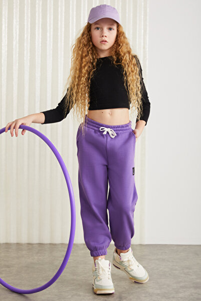 GRIMELANGE INGRID-GRM24033 75% pamuk 25% polyester süs etiketli  şardonlu  iplik kız çocuk jogger Mor Eşofman A