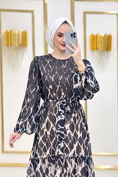 Neşeli Butik women's black chiffon skirt ruffle hijab dress SMS008