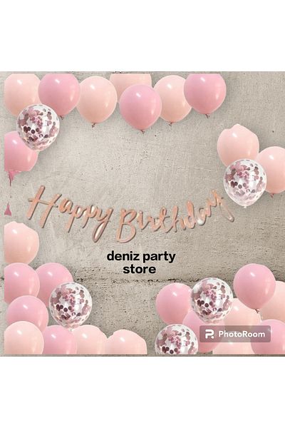 Deniz Party Store MAKARON SALMON PINK BALLON ROSE GOLD HAPPY BIRTHDAY CALLIGRAPHY WRITING MINI CHAIN SET