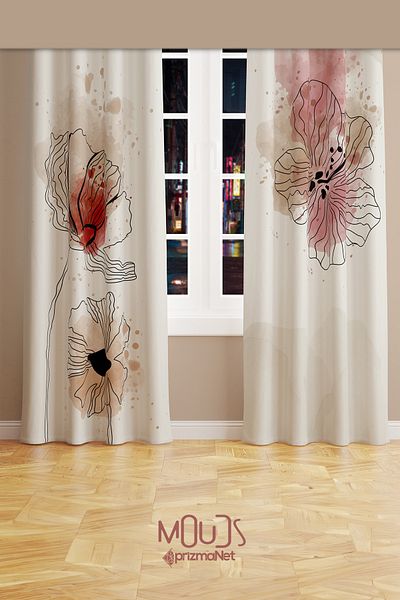 Moud's Art Flora Patterned Suede Living Room Hall Background Curtain Printed Extrafor Drawstring 2 Sash PRD-1029