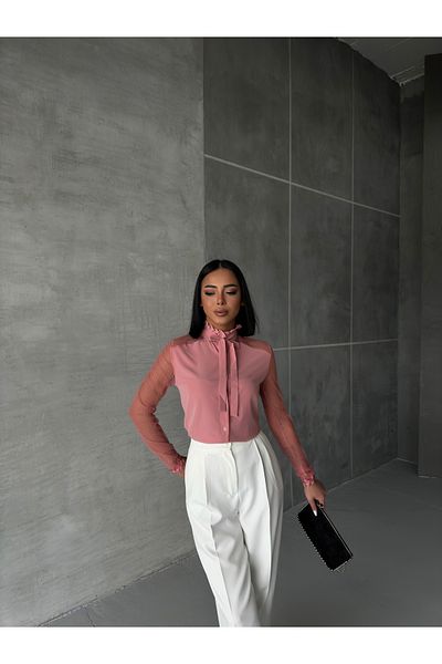 OUZ Fashion Cămașă cu mâneci din tul legat cu guler pentru femei