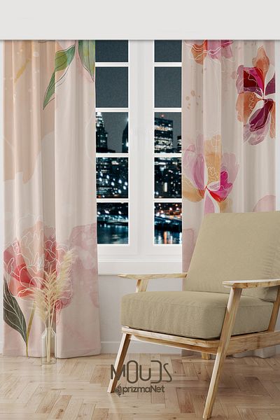 Moud's Flower Art Patterned Suede Living Room Hall Background Curtain Printed Extrafor Drawstring 2 Sash PRD-1030