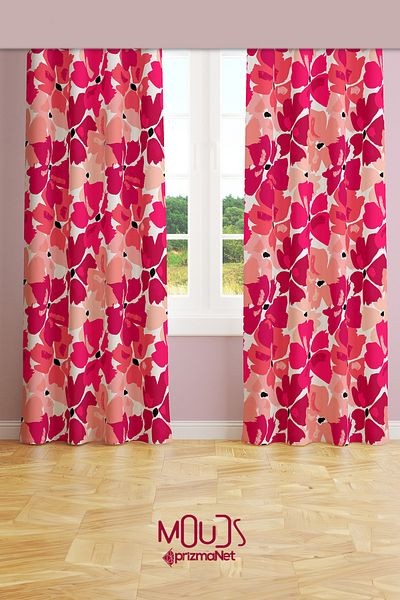 Moud's Cherry Blossom Patterned Suede Living Room Hall Background Curtain Printed Extrafor Drawstring 2 Sash PRD-1023