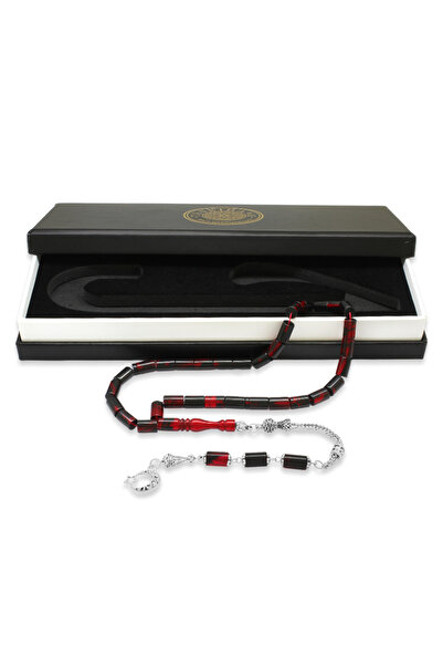 Tesbihane Non-Tarnish Metal Tasseled Cut Red-Black Fire Amber Rosary