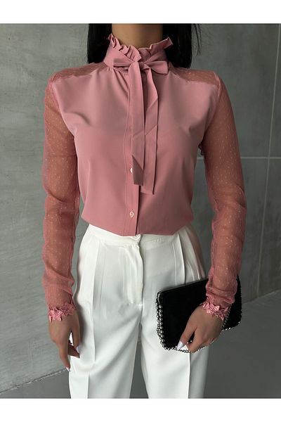 OUZ Fashion Cămașă cu mâneci din tul legat cu guler pentru femei