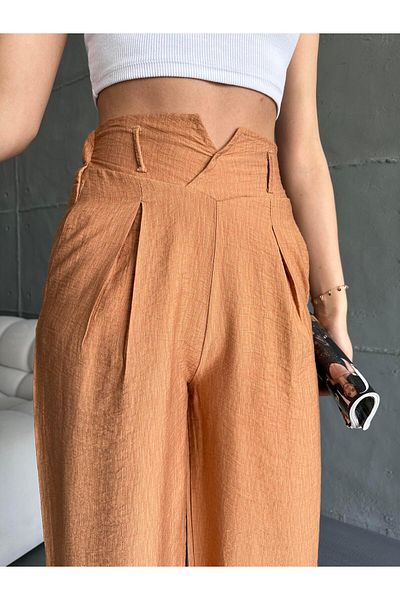 Eke Tekstil Camel Linen Women's Trousers - Slit Legs