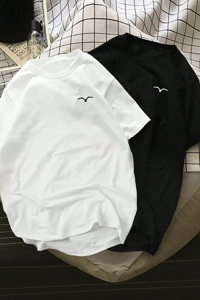 MODAGEN Μπλουζάκι Unisex Ασπρόμαυρο Seagull με στάμπα για ζευγάρια Oversize