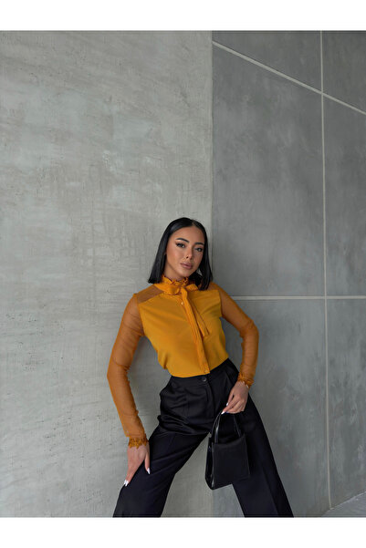 OUZ Fashion Women's Collar Tied Tulle Sleeve Shirt