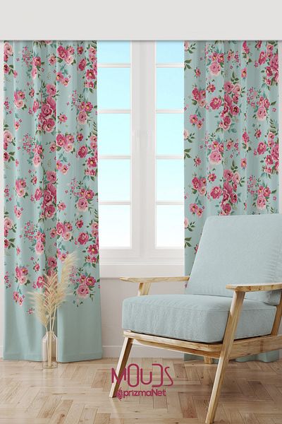 Moud's Madame Spring Patterned Suede Living Room Hall Background Curtain Printed Extrafor Drawstring 2 Sash PRD-1027