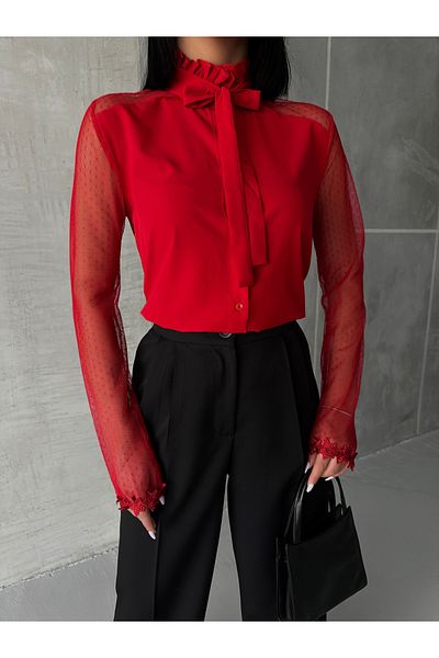 OUZ Fashion Cămașă cu mâneci din tul legat cu guler pentru femei