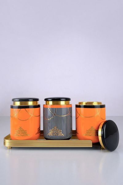 ACAR 3-Piece Porcelain Spice Rack and Glass Tray Tea Sugar Salt Jar Set - KOH-05836