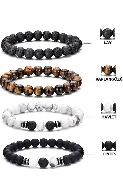 Kusakli 4lü Doğaltaş Tasarım Bileklik Seti Kaplangözü-Lav-Oniks-Beyaz Havlit