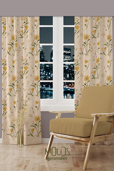 Moud's Camomile Daisy Patterned Suede Living Room Hall Background Curtain Printed Extrafor Drawstring 2 Sash PRD-1040