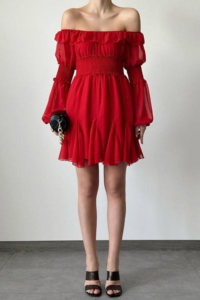Ortaya Çık Red Madonna Collar Elastic Mini Dress