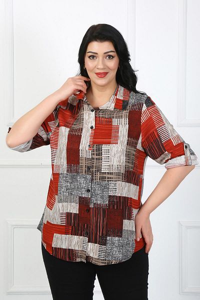By Alba Collection Cămașă de damă, din bumbac, viscoză, cu modele bordeaux, dimensiuni mari