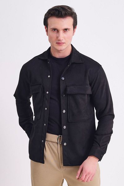 RELAXL Unisex Regular Fit Snap Fastener Μαύρο πουκάμισο Nubuck Συνδυασμός γραφείου