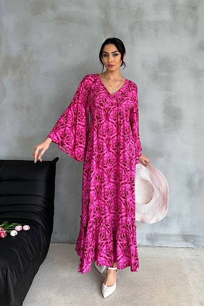 Ortaya Çık Pink Patterned V-Neck Summer Long Dress