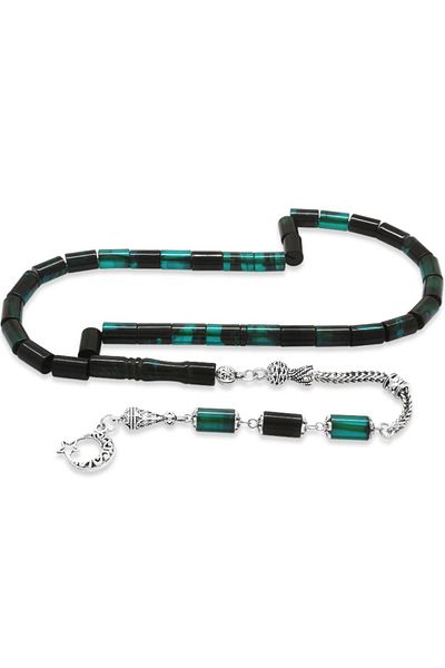 Tesbihane Non-Tarnish Metal Tasseled Cut Petrol Green-Black Fire Amber Prayer Beads