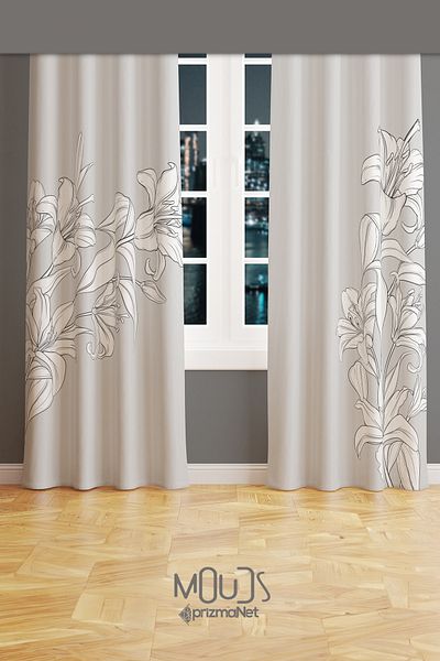 Moud's White Flowers Patterned Suede Living Room Hall Background Curtain Printed Extrafor Drawstring 2 Sash PRD-1052