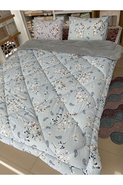 tekstildiyarı Welsoft Puffy Double and Reversible Quilt Set - Gray Blue Ethnic