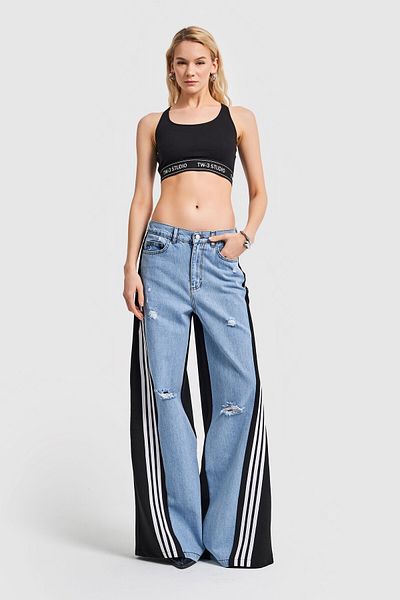 its basic Women's Jeans Color Double Piece Stripe Detailed Palazzo Fit Design Denim